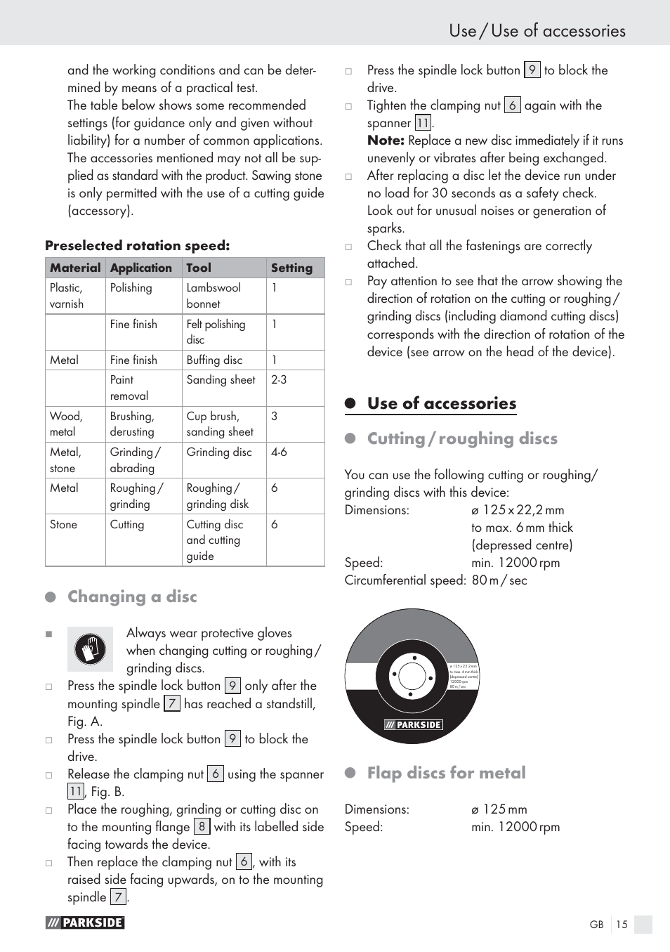 Use / use of accessories, Changing a disc, Use of accessories | Cutting / roughing discs, Flap discs for metal | Parkside PWS 125 A1 User Manual | Page 17 / 113