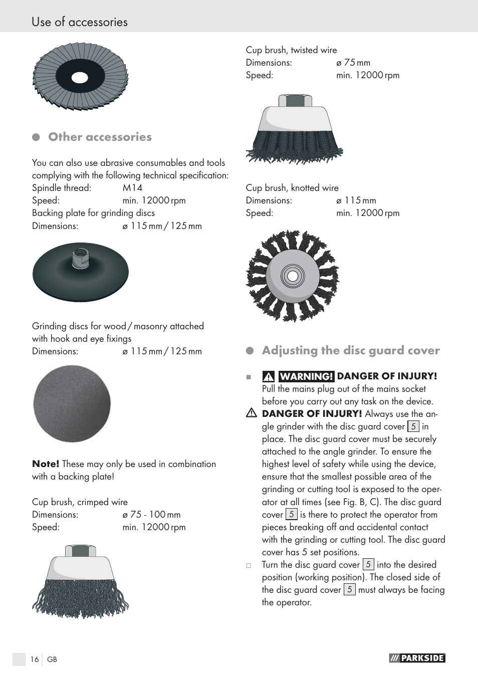 Use of accessories, Other accessories, Adjusting the disc guard cover | Parkside PWS 125 A1 User Manual | Page 18 / 113