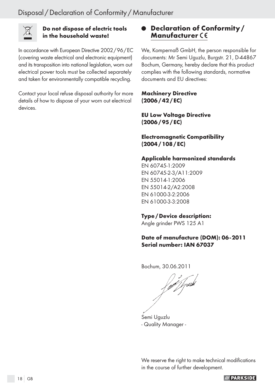 Declaration of conformity / manufacturer | Parkside PWS 125 A1 User Manual | Page 20 / 113
