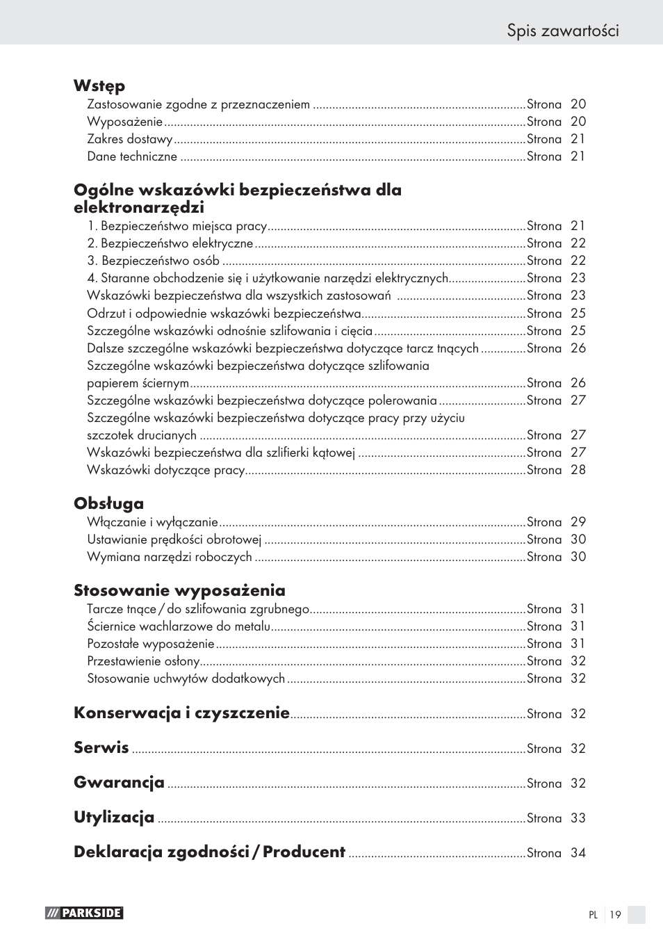 Spis zawartości, Wstęp, Obsługa | Stosowanie wyposażenia, Konserwacja i czyszczenie, Serwis, Gwarancja, Utylizacja, Deklaracja zgodności / producent | Parkside PWS 125 A1 User Manual | Page 21 / 113