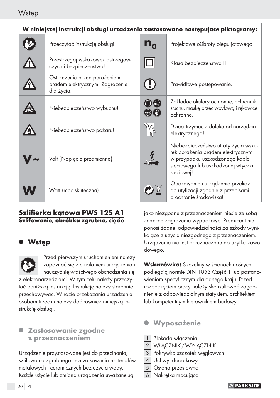 Wstęp | Parkside PWS 125 A1 User Manual | Page 22 / 113