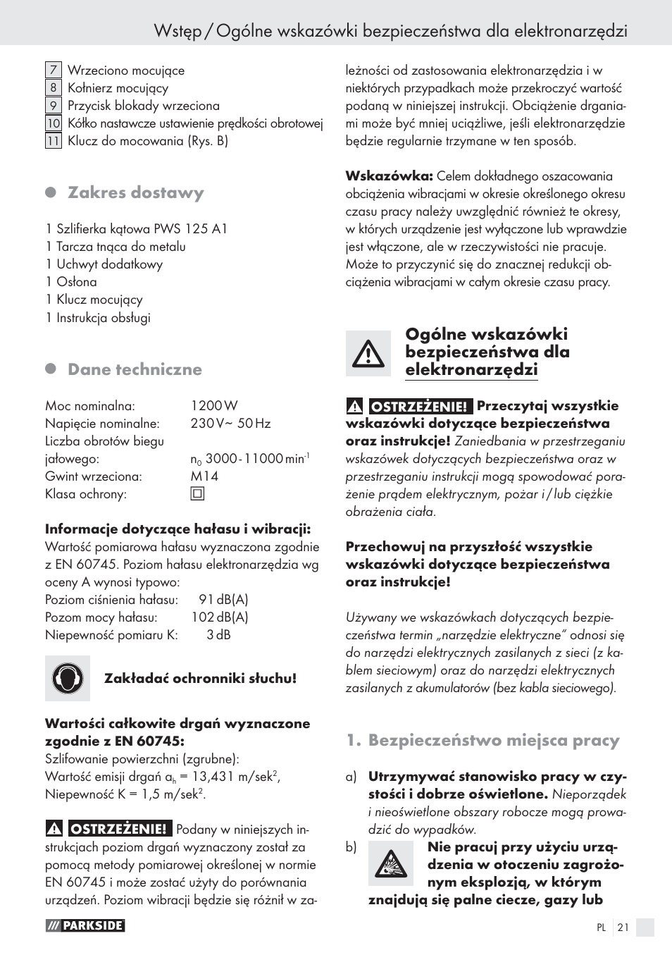 Zakres dostawy, Dane techniczne, Bezpieczeństwo miejsca pracy | Parkside PWS 125 A1 User Manual | Page 23 / 113