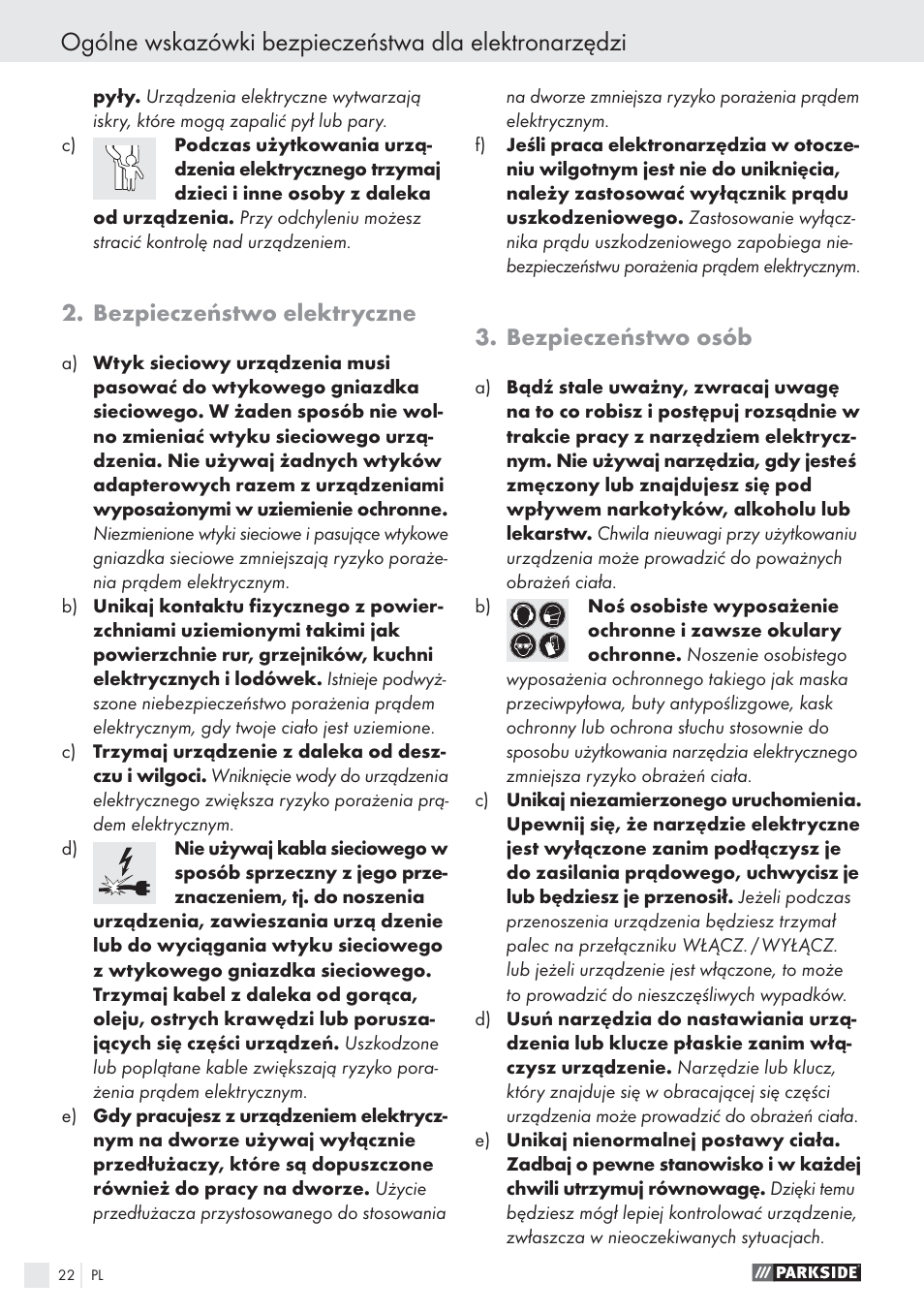 Bezpieczeństwo elektryczne, Bezpieczeństwo osób | Parkside PWS 125 A1 User Manual | Page 24 / 113