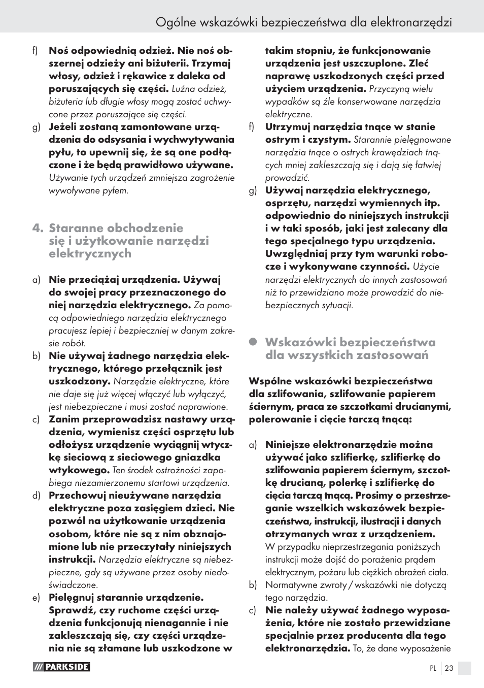 Wskazówki bezpieczeństwa dla wszystkich zastosowań | Parkside PWS 125 A1 User Manual | Page 25 / 113