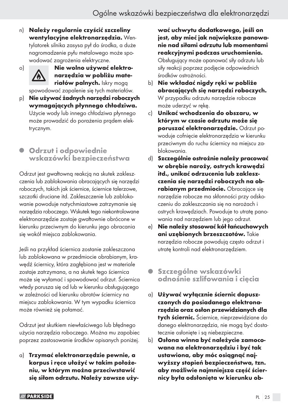 Odrzut i odpowiednie wskazówki bezpieczeństwa, Szczególne wskazówki odnośnie szlifowania i cięcia | Parkside PWS 125 A1 User Manual | Page 27 / 113