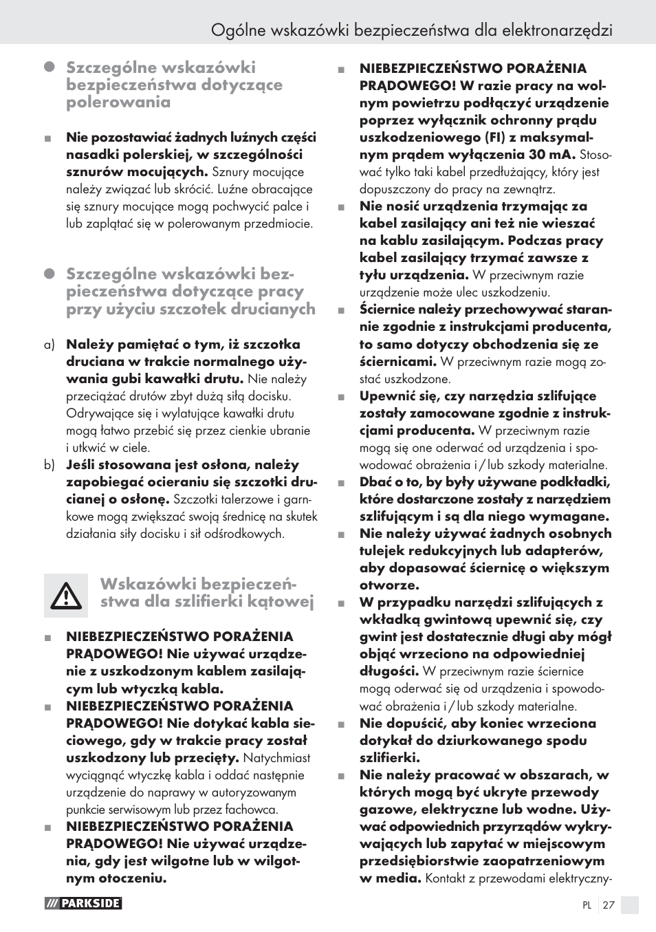 Wskazówki bezpieczeń- stwa dla szliﬁerki kątowej | Parkside PWS 125 A1 User Manual | Page 29 / 113