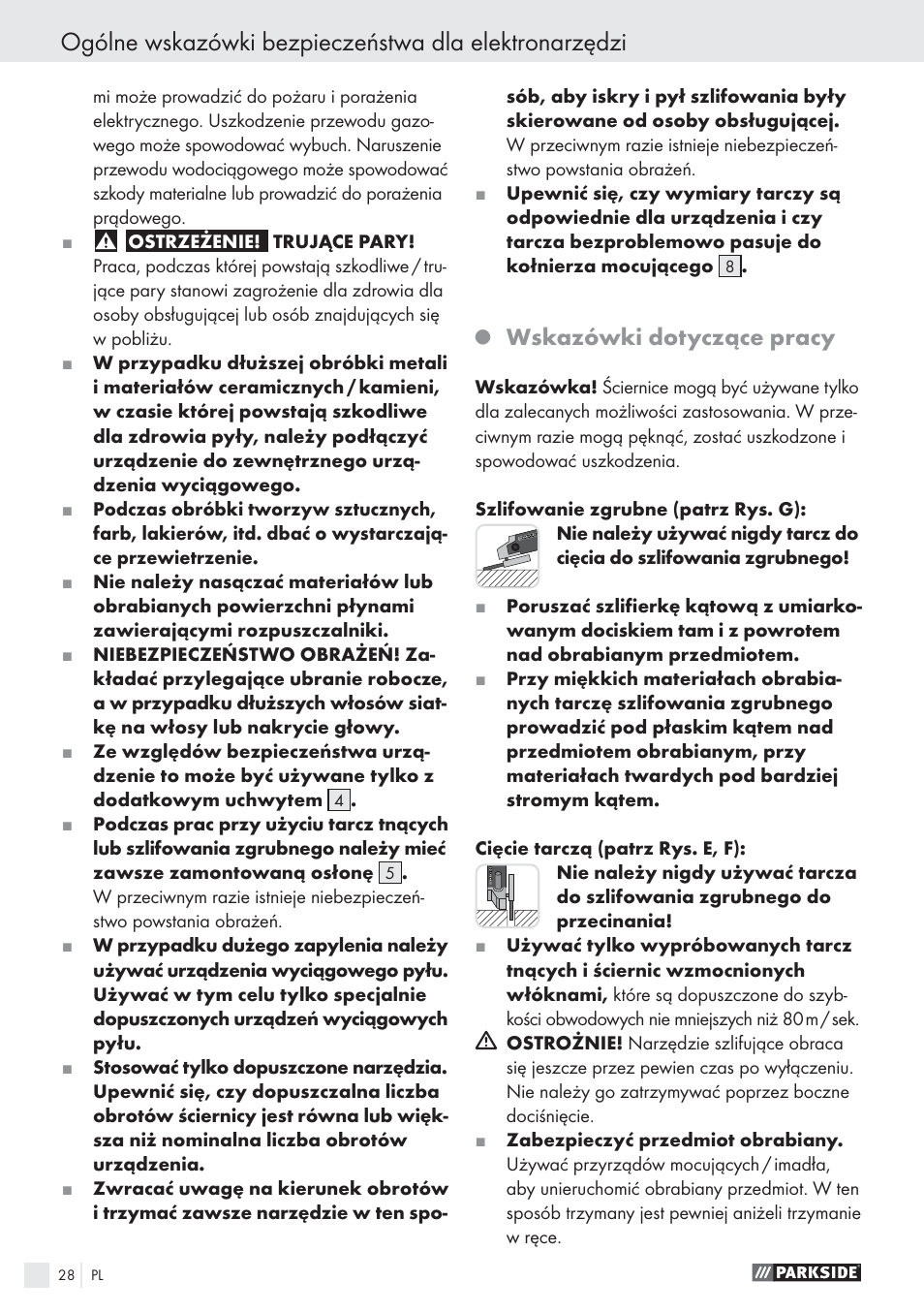 Wskazówki dotyczące pracy | Parkside PWS 125 A1 User Manual | Page 30 / 113