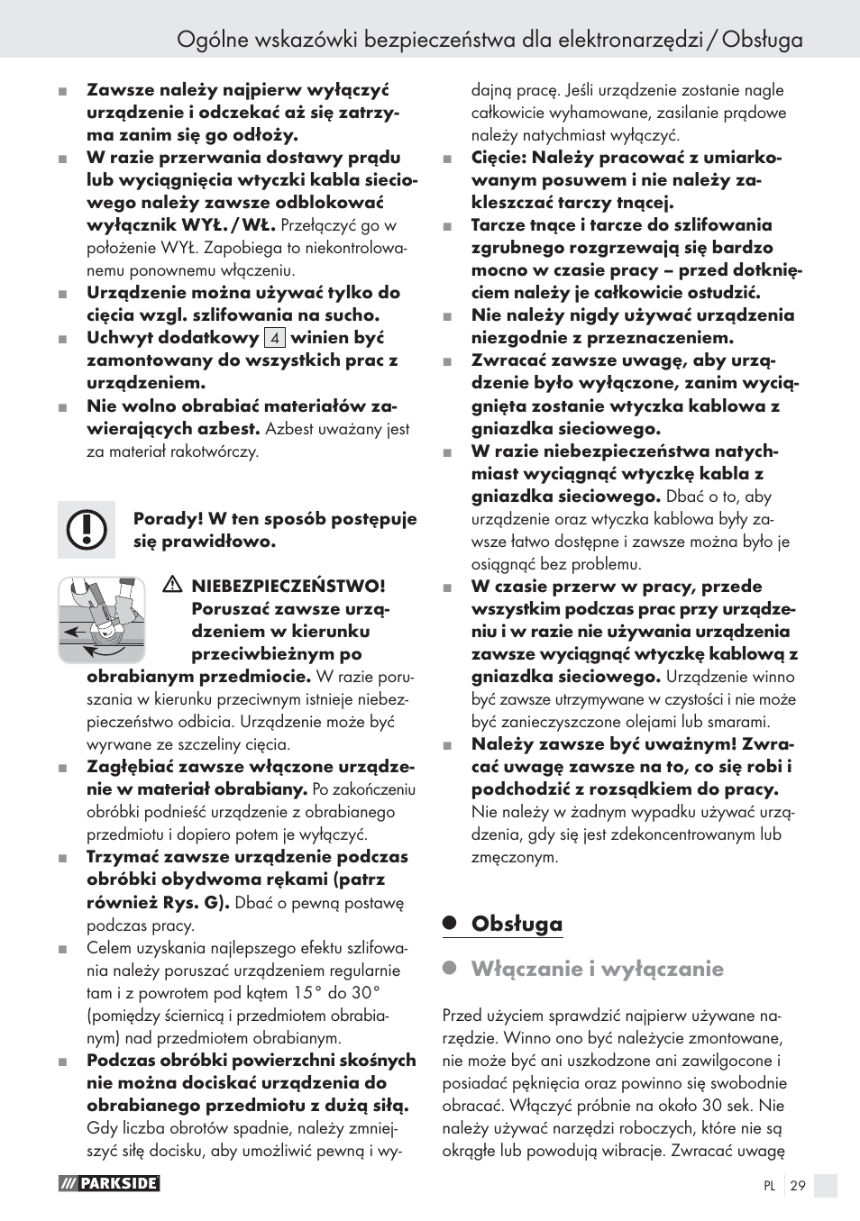Obsługa, Włączanie i wyłączanie | Parkside PWS 125 A1 User Manual | Page 31 / 113