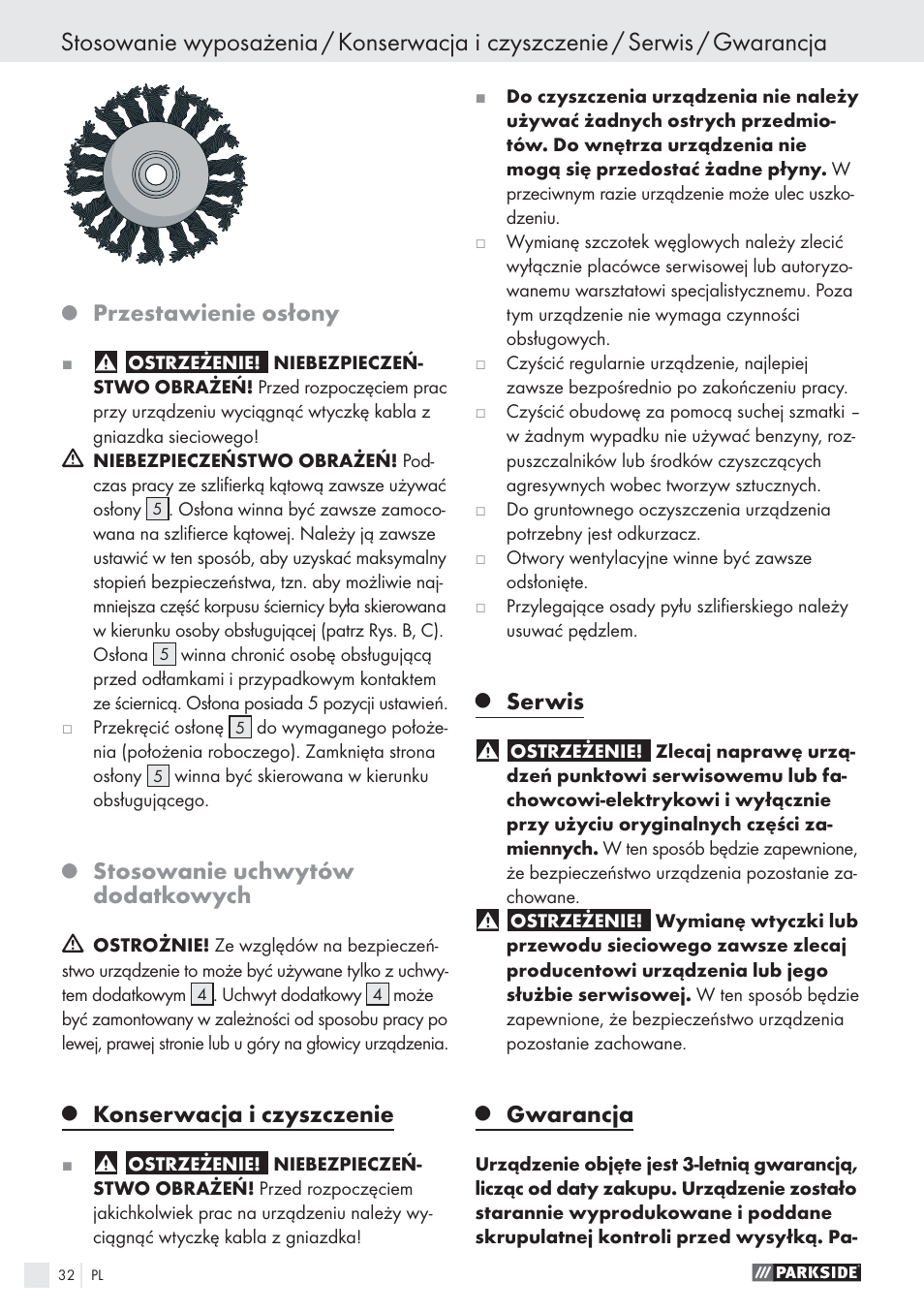 Przestawienie osłony, Stosowanie uchwytów dodatkowych, Konserwacja i czyszczenie | Serwis, Gwarancja | Parkside PWS 125 A1 User Manual | Page 34 / 113