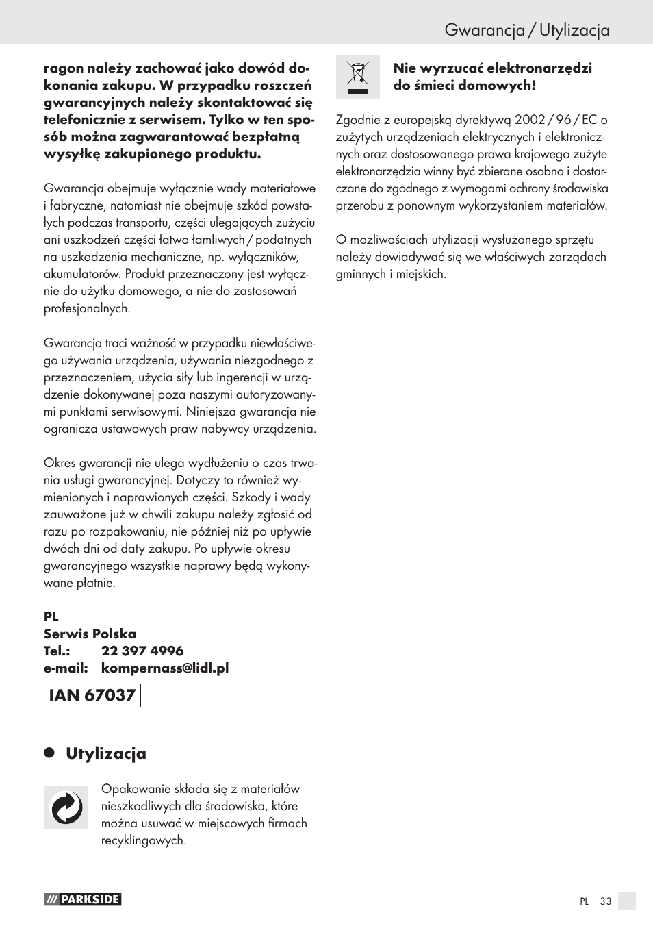 Gwarancja / utylizacja, Utylizacja | Parkside PWS 125 A1 User Manual | Page 35 / 113