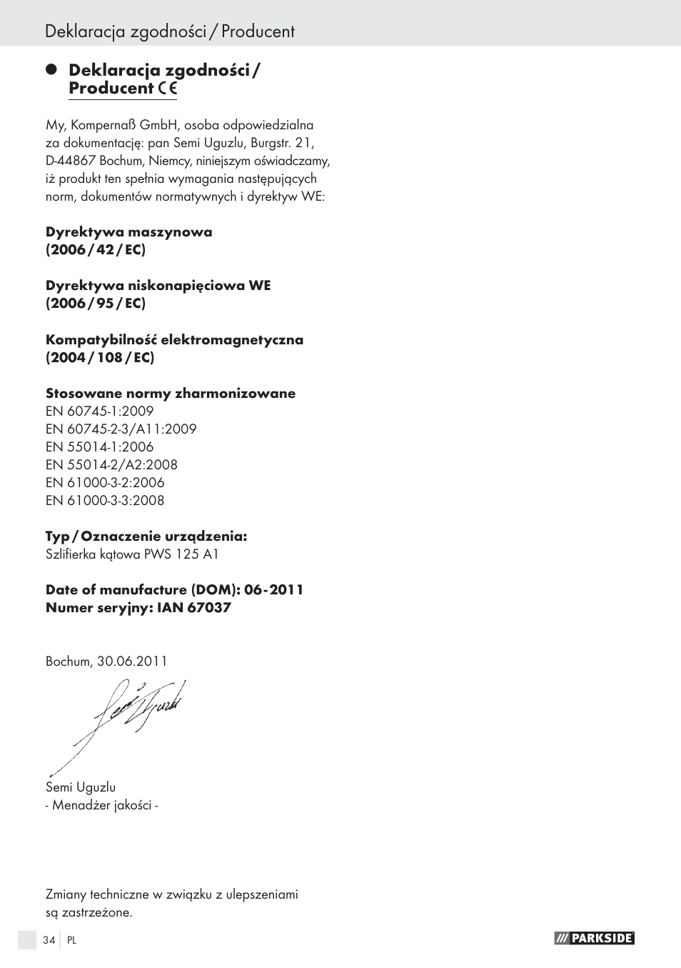 Deklaracja zgodności / producent | Parkside PWS 125 A1 User Manual | Page 36 / 113