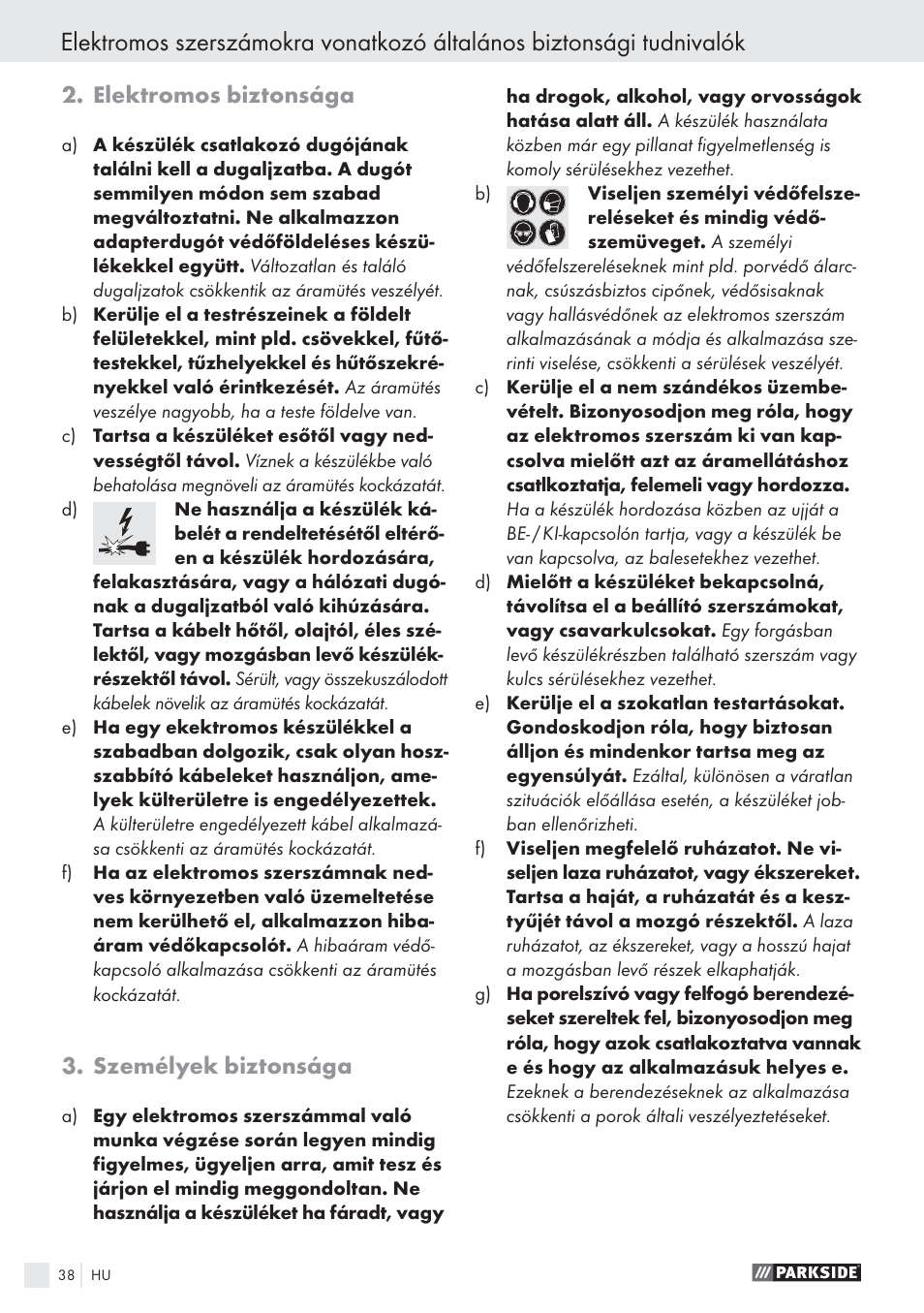Elektromos biztonsága, Személyek biztonsága | Parkside PWS 125 A1 User Manual | Page 40 / 113