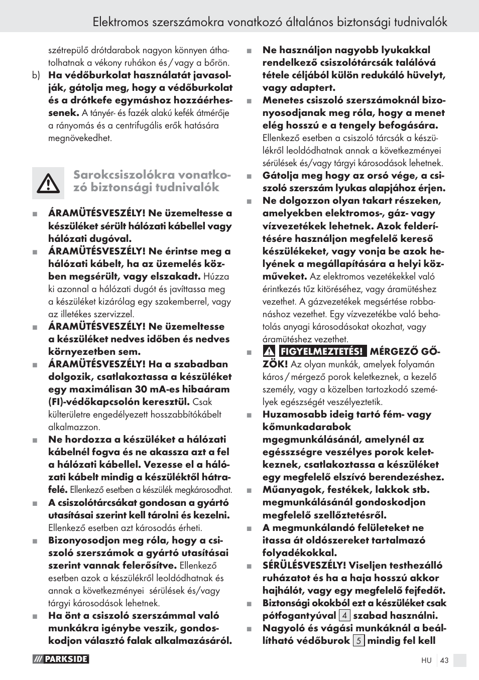 Sarokcsiszolókra vonatko- zó biztonsági tudnivalók | Parkside PWS 125 A1 User Manual | Page 45 / 113