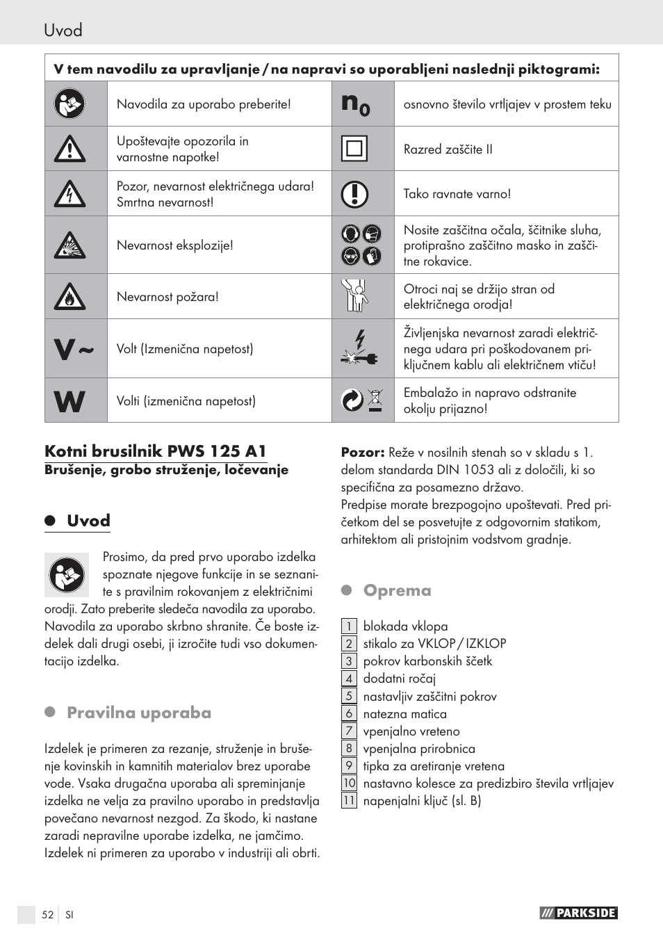 Uvod, Kotni brusilnik pws 125 a1, Pravilna uporaba | Oprema | Parkside PWS 125 A1 User Manual | Page 54 / 113