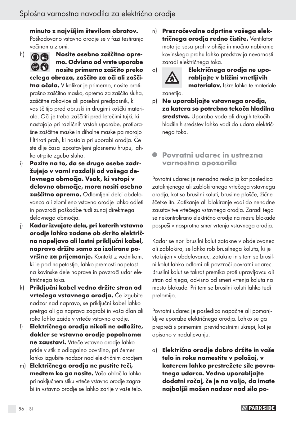 Splošna varnostna navodila za električno orodje, Povratni udarec in ustrezna varnostna opozorila | Parkside PWS 125 A1 User Manual | Page 58 / 113