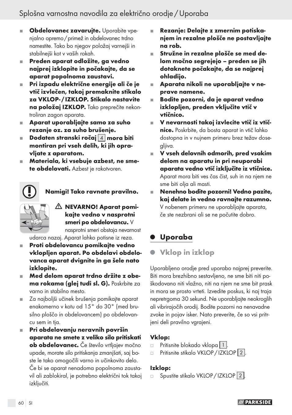 Uporaba, Vklop in izklop | Parkside PWS 125 A1 User Manual | Page 62 / 113
