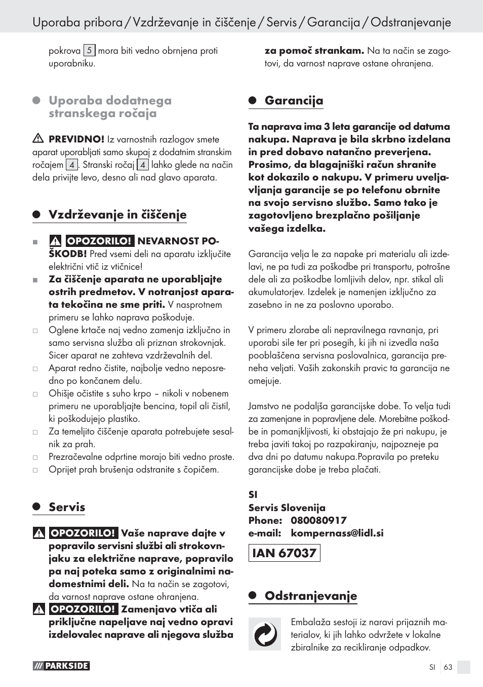Uporaba dodatnega stranskega ročaja, Vzdrževanje in čiščenje, Servis | Garancija, Odstranjevanje | Parkside PWS 125 A1 User Manual | Page 65 / 113