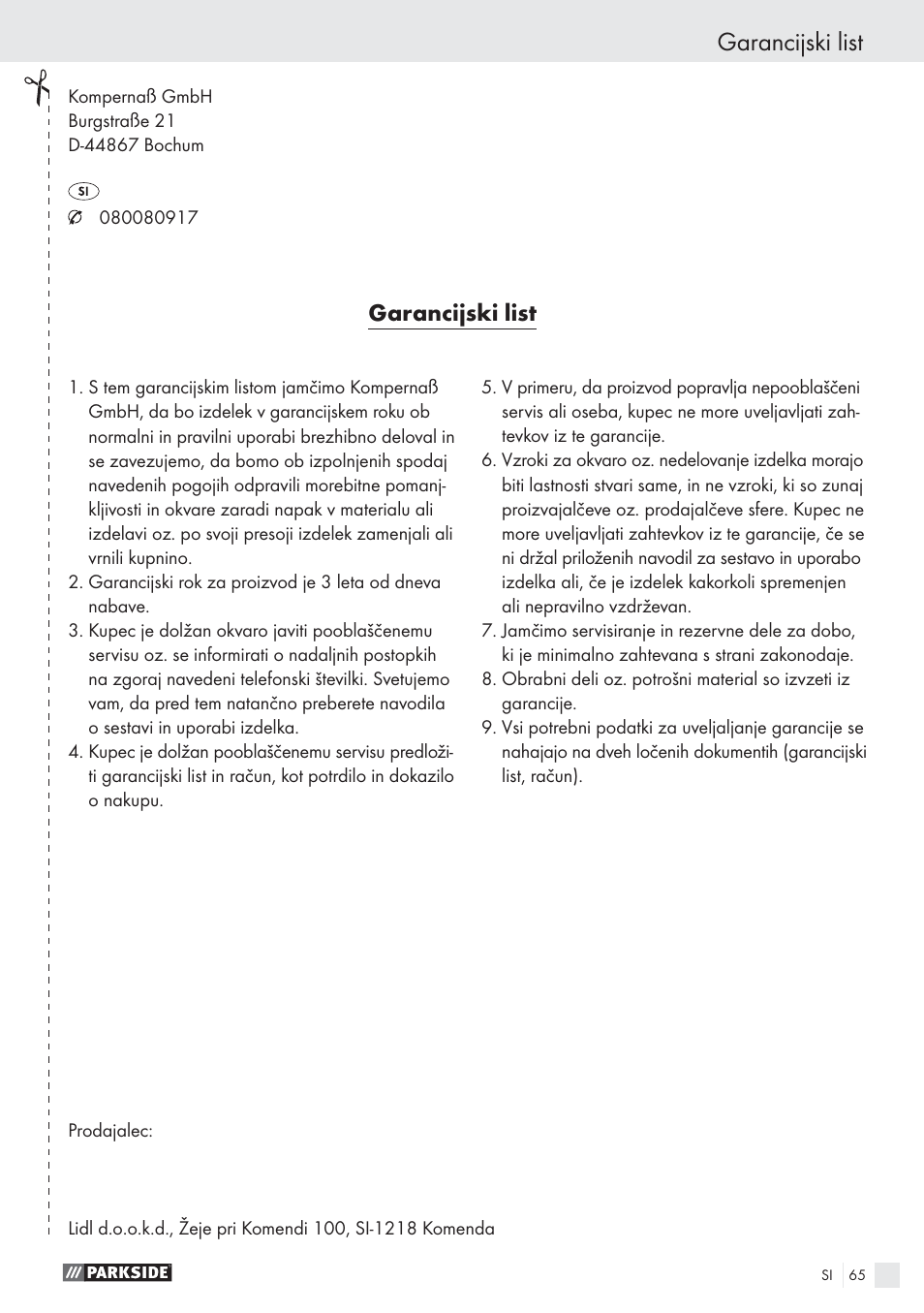 Garancijski list | Parkside PWS 125 A1 User Manual | Page 67 / 113