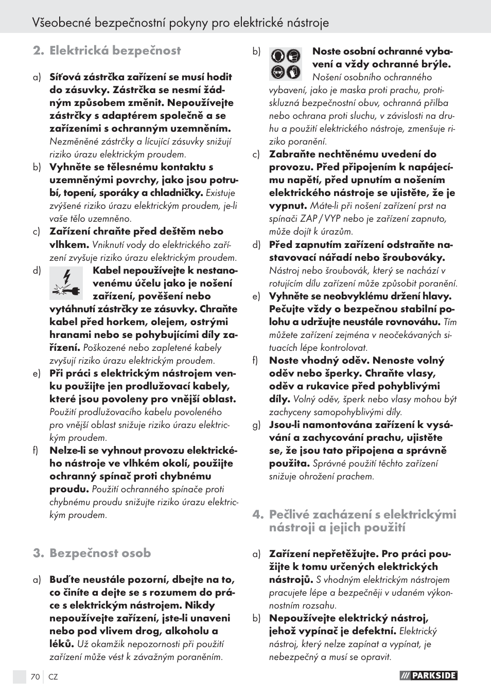 Elektrická bezpečnost, Bezpečnost osob | Parkside PWS 125 A1 User Manual | Page 72 / 113