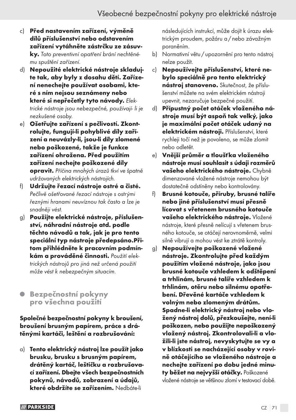 Bezpečnostní pokyny pro všechna použití | Parkside PWS 125 A1 User Manual | Page 73 / 113