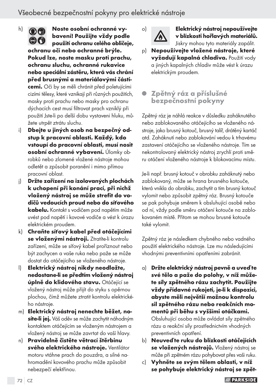 Zpětný ráz a příslušné bezpečnostní pokyny | Parkside PWS 125 A1 User Manual | Page 74 / 113