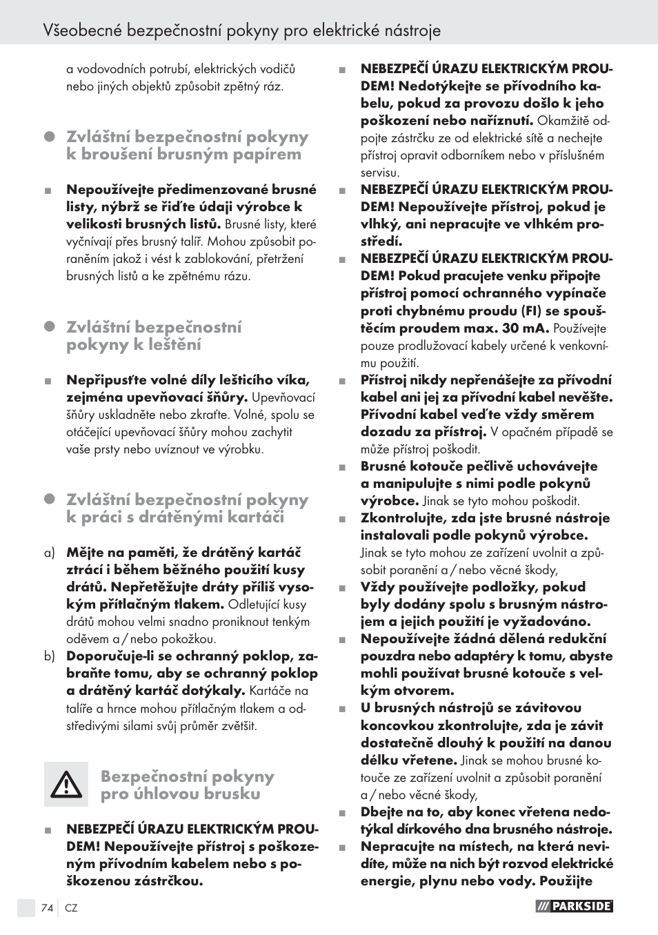 Zvláštní bezpečnostní pokyny k leštění, Bezpečnostní pokyny pro úhlovou brusku | Parkside PWS 125 A1 User Manual | Page 76 / 113
