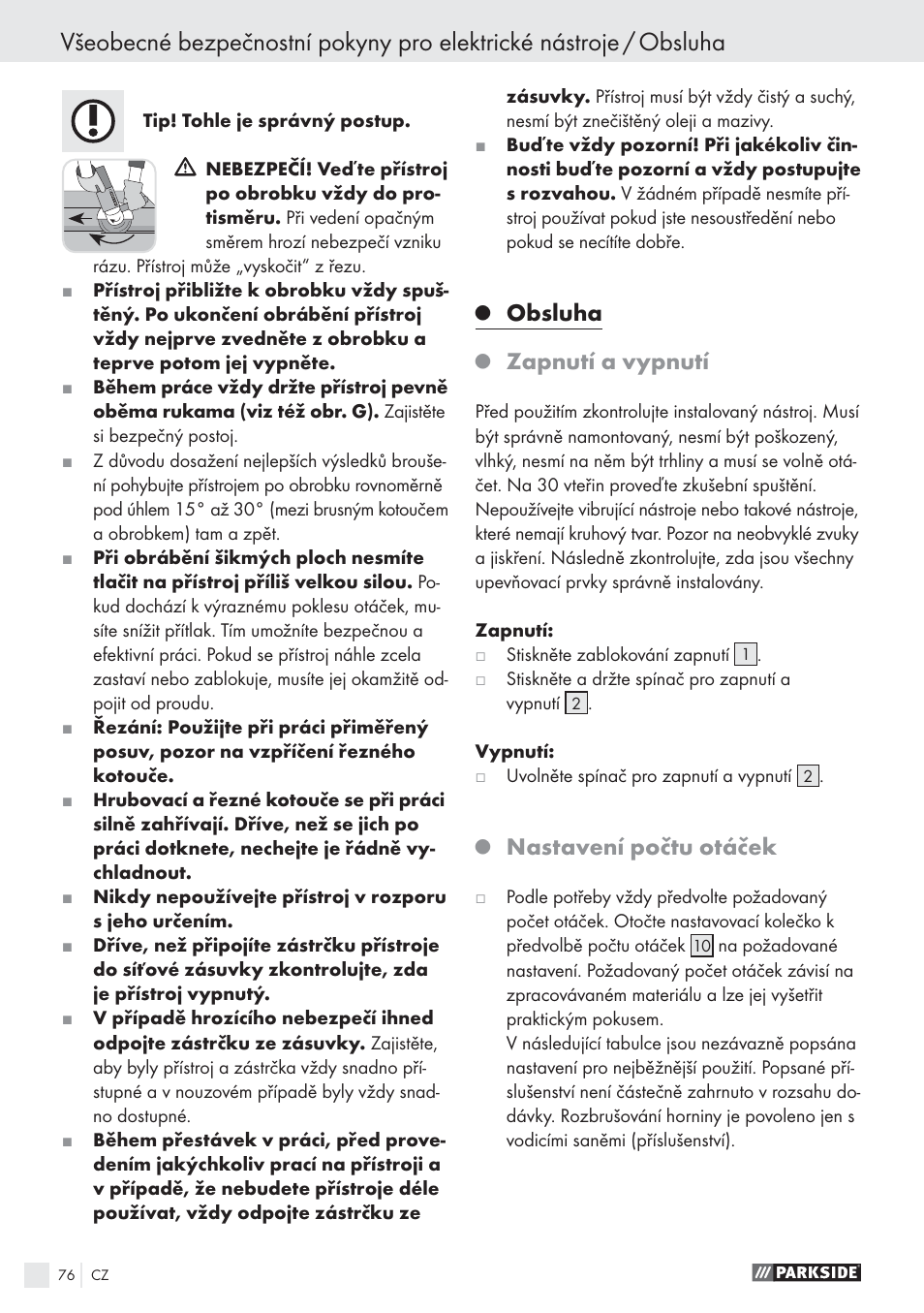 Obsluha, Zapnutí a vypnutí, Nastavení počtu otáček | Parkside PWS 125 A1 User Manual | Page 78 / 113