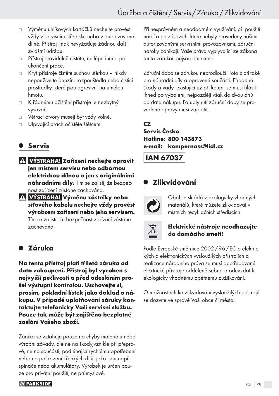 Údržba a čištění / servis / záruka / zlikvidování, Servis, Záruka | Zlikvidování | Parkside PWS 125 A1 User Manual | Page 81 / 113