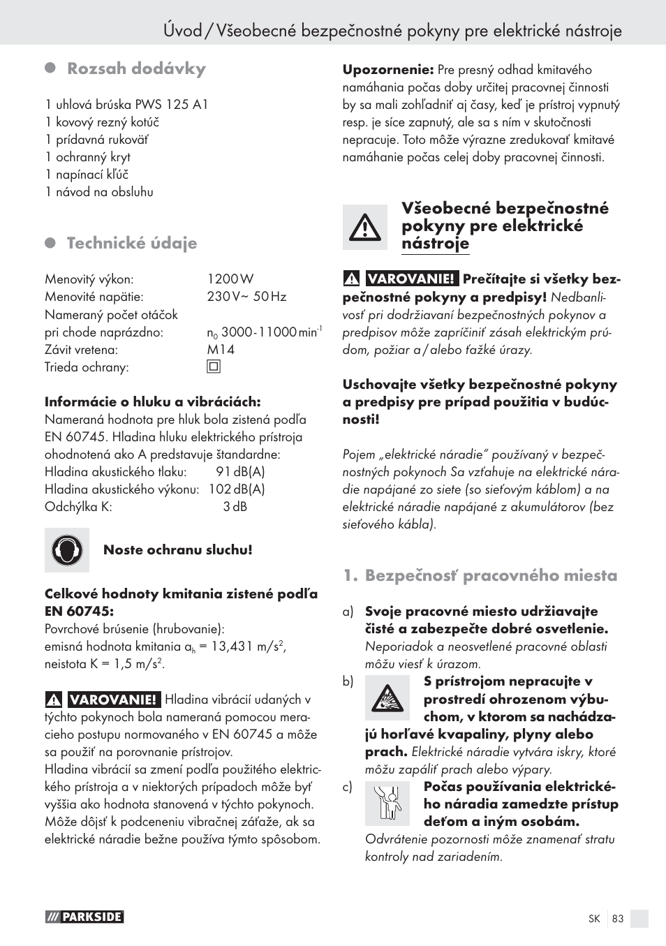 Rozsah dodávky, Technické údaje, Bezpečnosť pracovného miesta | Parkside PWS 125 A1 User Manual | Page 85 / 113
