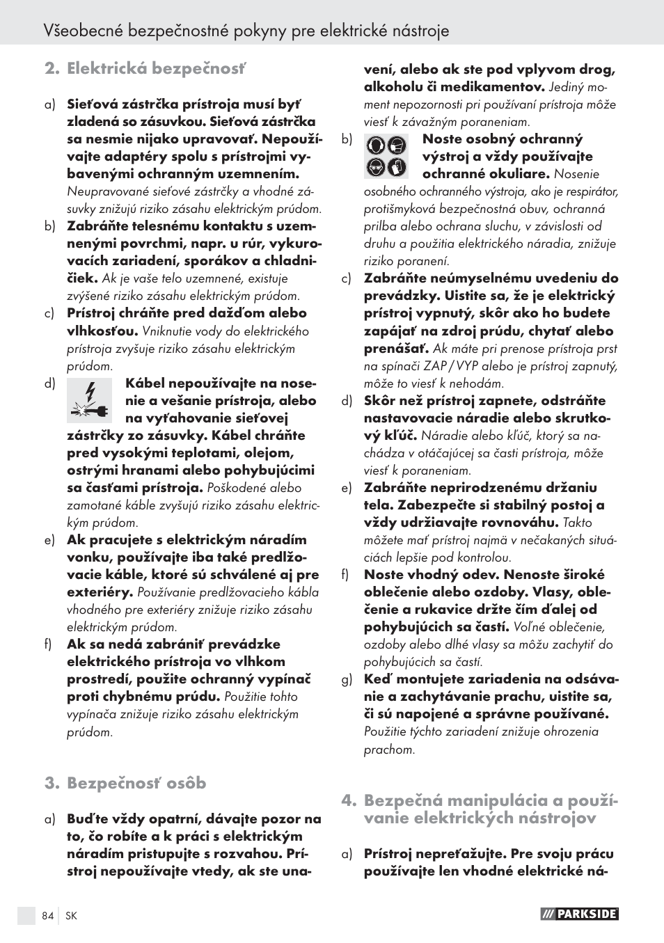 Elektrická bezpečnosť, Bezpečnosť osôb | Parkside PWS 125 A1 User Manual | Page 86 / 113