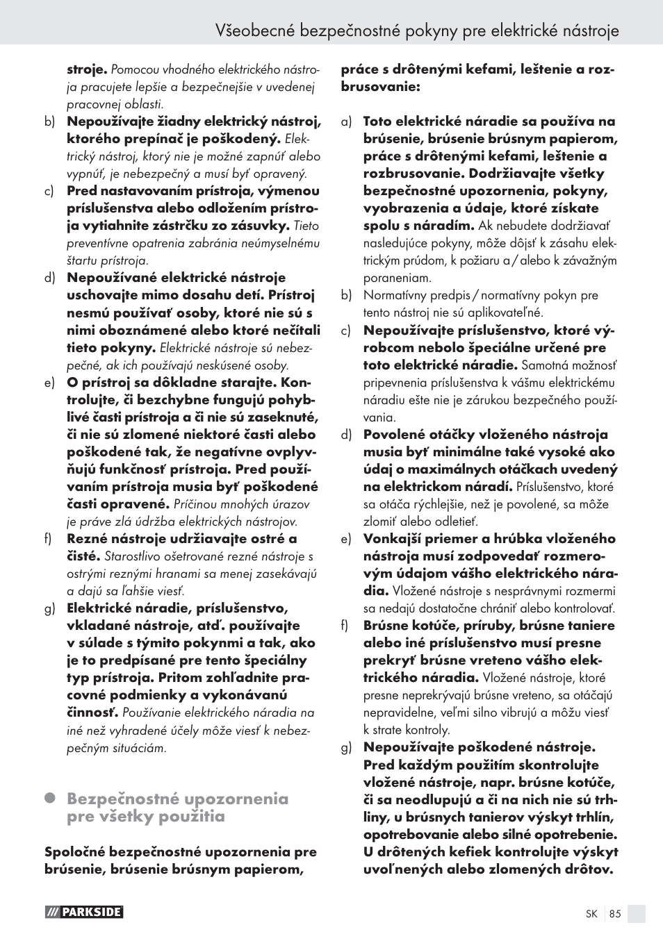 Bezpečnostné upozornenia pre všetky použitia | Parkside PWS 125 A1 User Manual | Page 87 / 113