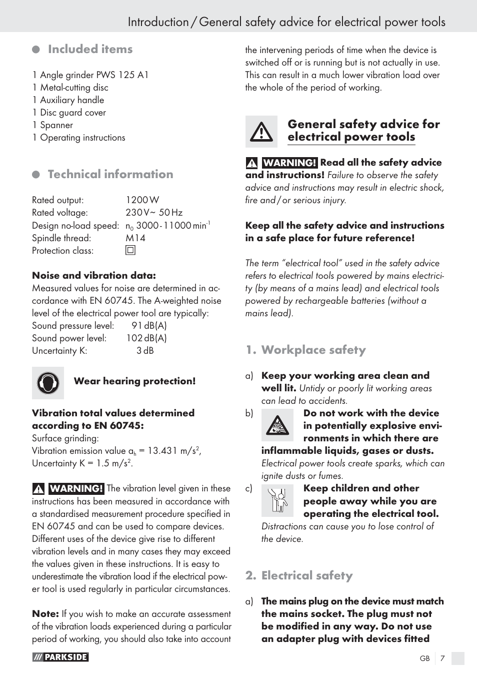 Included items, Technical information, General safety advice for electrical power tools | Workplace safety, Electrical safety | Parkside PWS 125 A1 User Manual | Page 9 / 113
