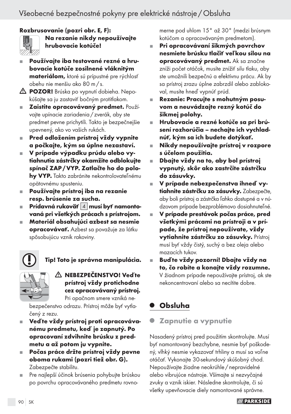 Obsluha, Zapnutie a vypnutie | Parkside PWS 125 A1 User Manual | Page 92 / 113
