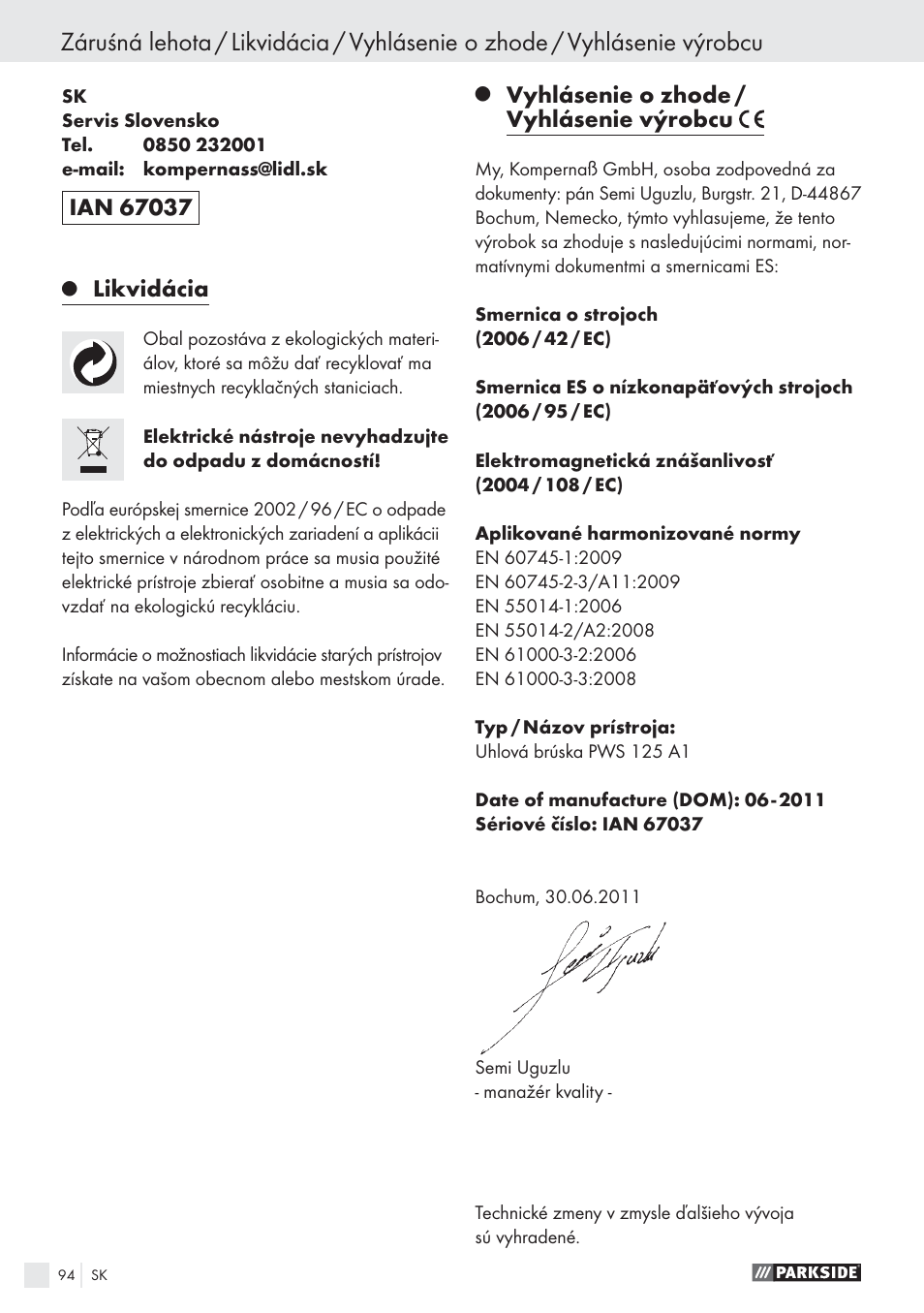 Likvidácia, Vyhlásenie o zhode / vyhlásenie výrobcu | Parkside PWS 125 A1 User Manual | Page 96 / 113