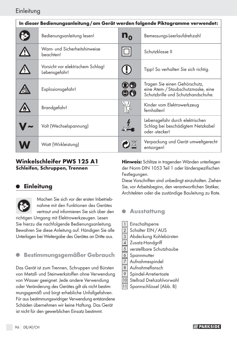 Einleitung, Winkelschleifer pws 125 a1, Bestimmungsgemäßer gebrauch | Ausstattung | Parkside PWS 125 A1 User Manual | Page 98 / 113