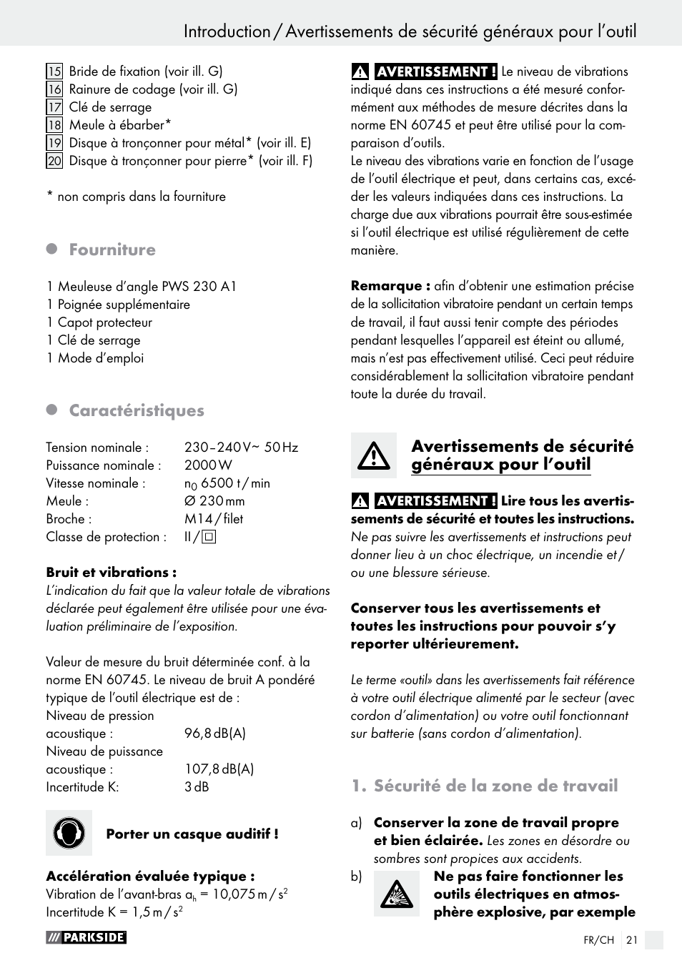 Fourniture, Caractéristiques, Avertissements de sécurité généraux pour l’outil | Sécurité de la zone de travail | Parkside PWS 230 A1 User Manual | Page 21 / 62