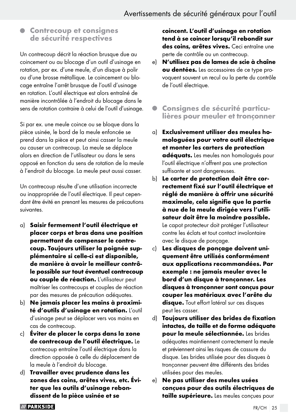 Avertissements de sécurité généraux pour l’outil, Contrecoup et consignes de sécurité respectives | Parkside PWS 230 A1 User Manual | Page 25 / 62