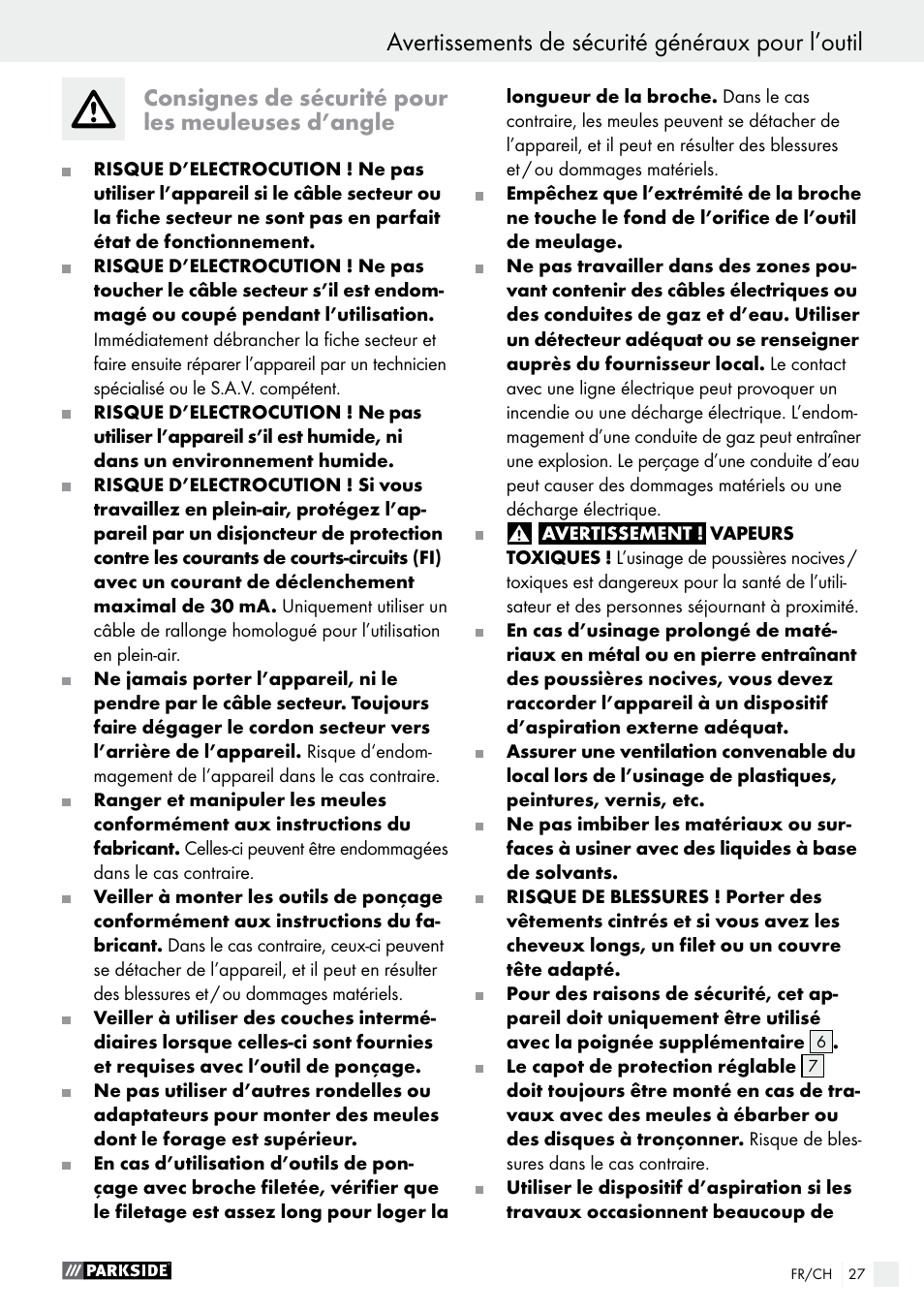 Avertissements de sécurité généraux pour l’outil, Consignes de sécurité pour les meuleuses d’angle | Parkside PWS 230 A1 User Manual | Page 27 / 62