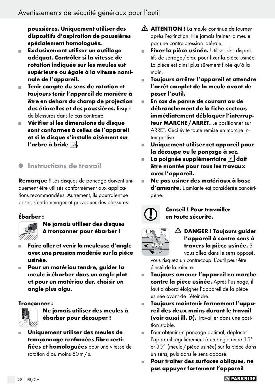 Avertissements de sécurité généraux pour l’outil, Instructions de travail | Parkside PWS 230 A1 User Manual | Page 28 / 62