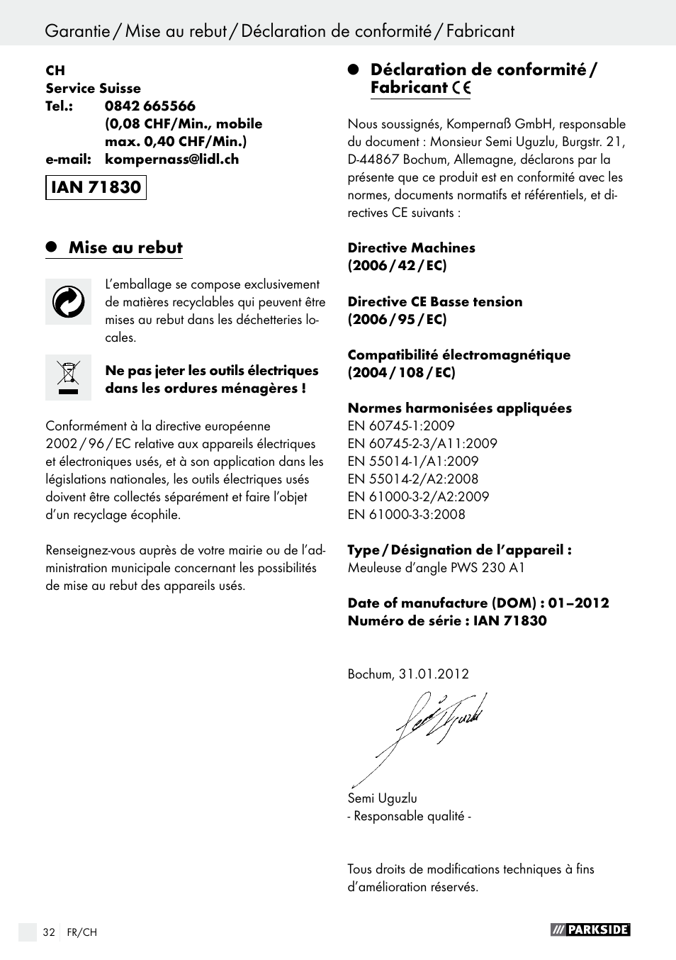 Mise au rebut, Déclaration de conformité / fabricant | Parkside PWS 230 A1 User Manual | Page 32 / 62