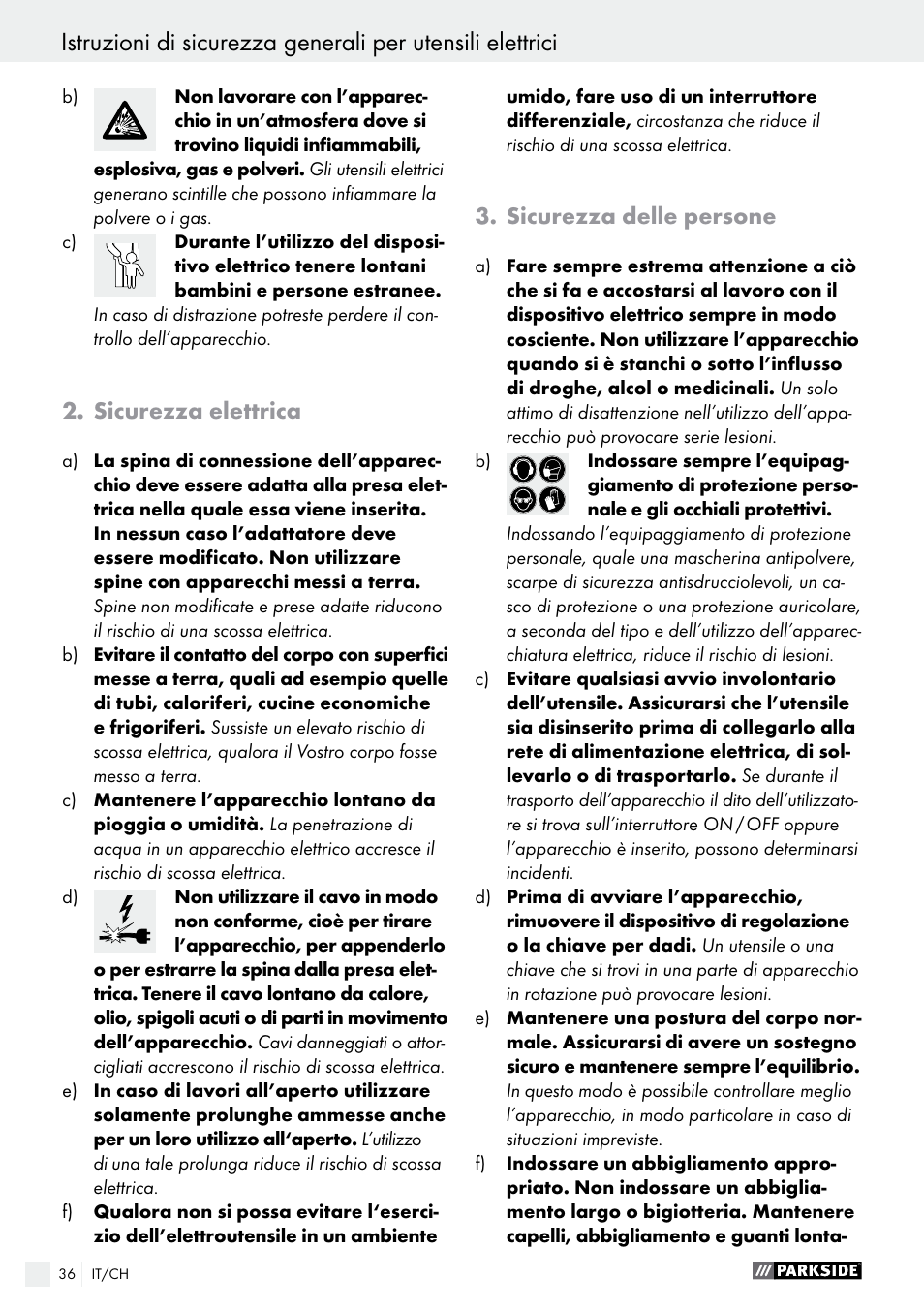 Sicurezza elettrica, Sicurezza delle persone | Parkside PWS 230 A1 User Manual | Page 36 / 62