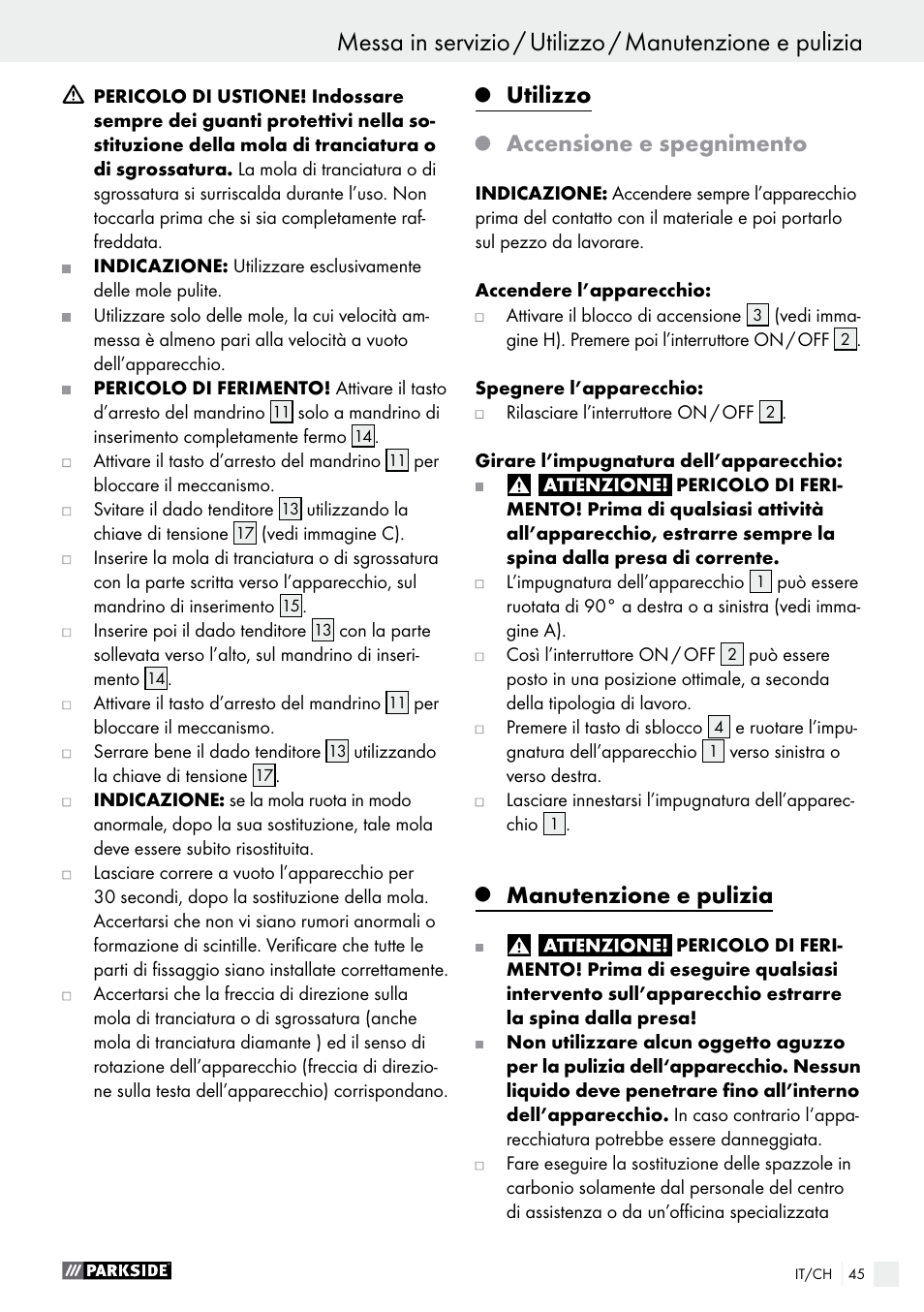 Utilizzo, Accensione e spegnimento, Manutenzione e pulizia | Parkside PWS 230 A1 User Manual | Page 45 / 62
