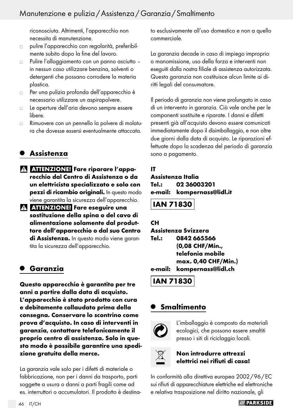 Assistenza, Garanzia, Smaltimento | Parkside PWS 230 A1 User Manual | Page 46 / 62