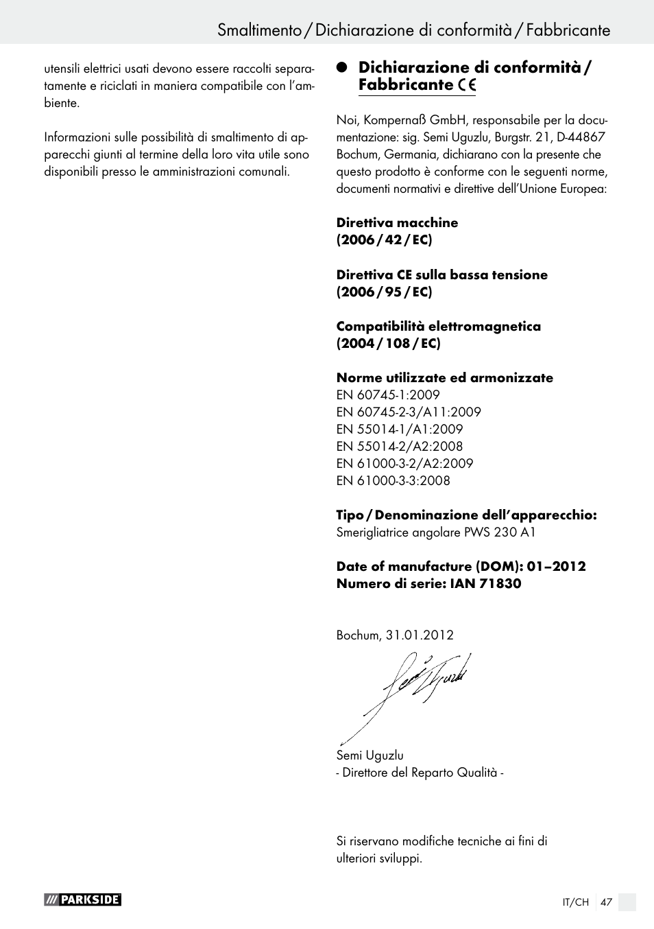 Dichiarazione di conformità / fabbricante | Parkside PWS 230 A1 User Manual | Page 47 / 62