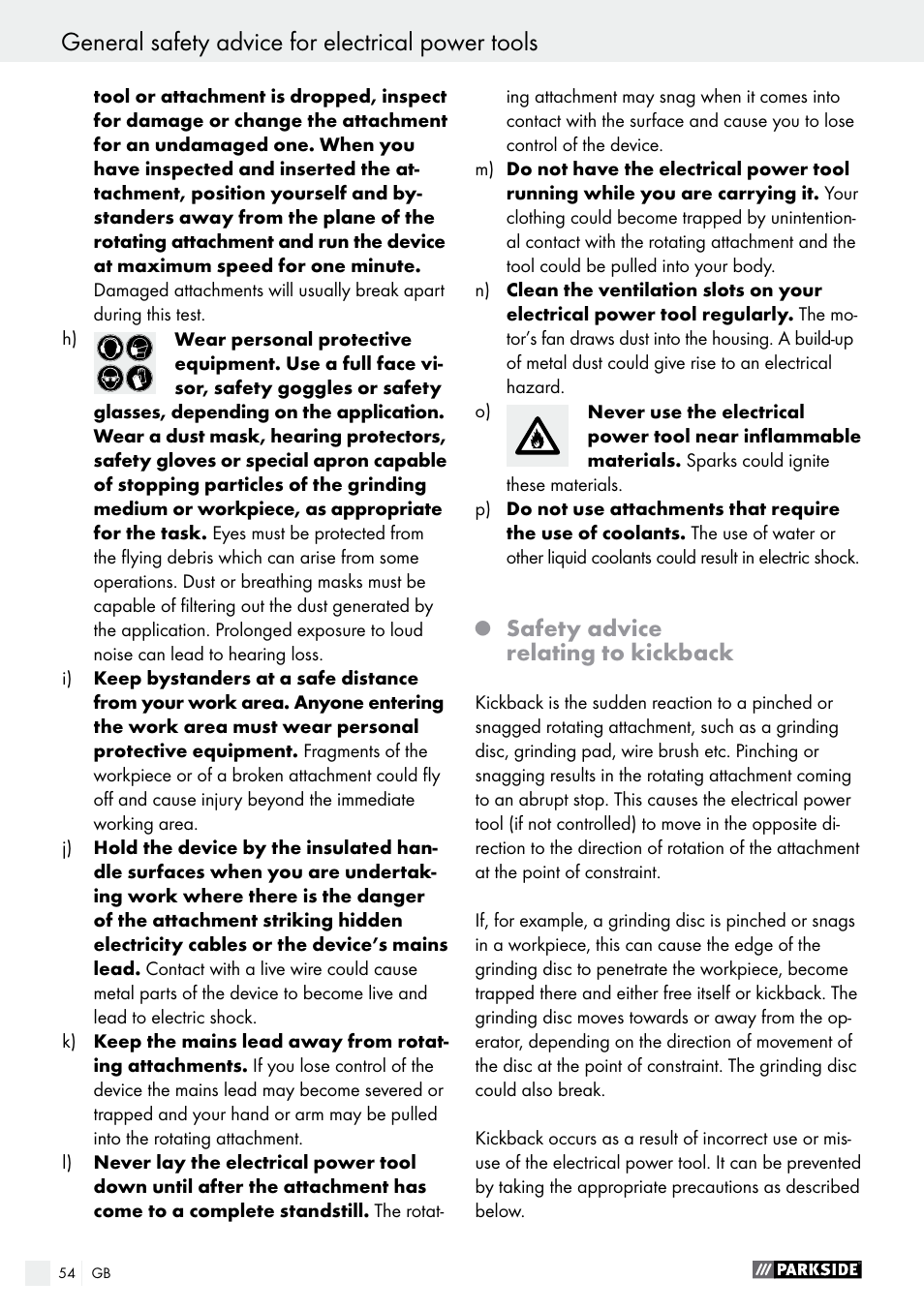 General safety advice for electrical power tools, Safety advice relating to kickback | Parkside PWS 230 A1 User Manual | Page 54 / 62