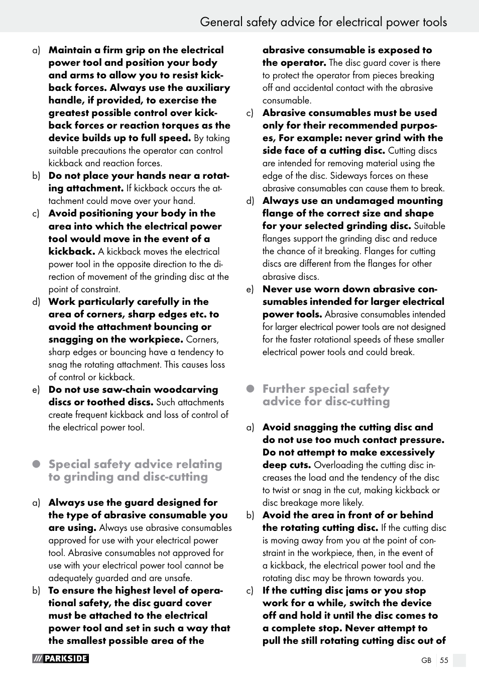 General safety advice for electrical power tools, Further special safety advice for disc-cutting | Parkside PWS 230 A1 User Manual | Page 55 / 62