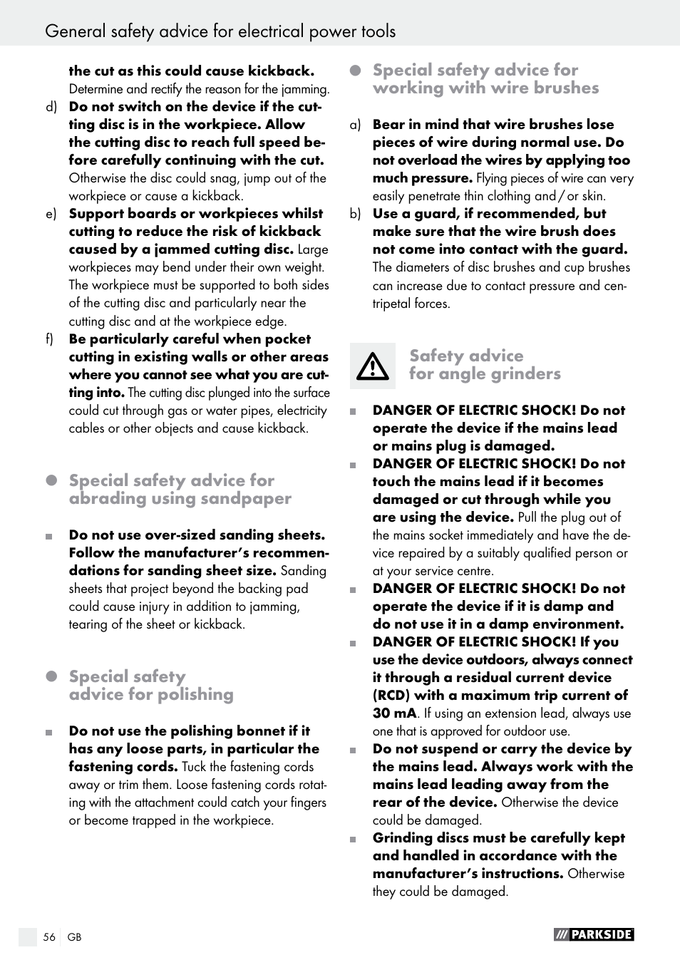 General safety advice for electrical power tools | Parkside PWS 230 A1 User Manual | Page 56 / 62