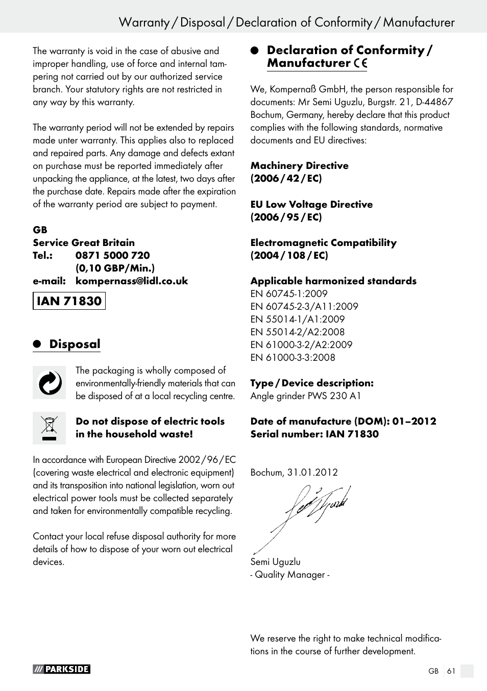 Disposal, Declaration of conformity / manufacturer | Parkside PWS 230 A1 User Manual | Page 61 / 62
