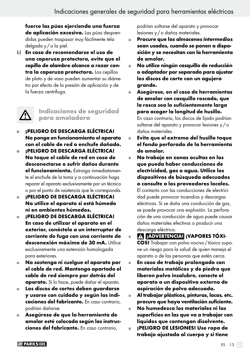 Indicaciones de seguridad para amoladora | Parkside PWS 230 A1 User Manual | Page 13 / 63