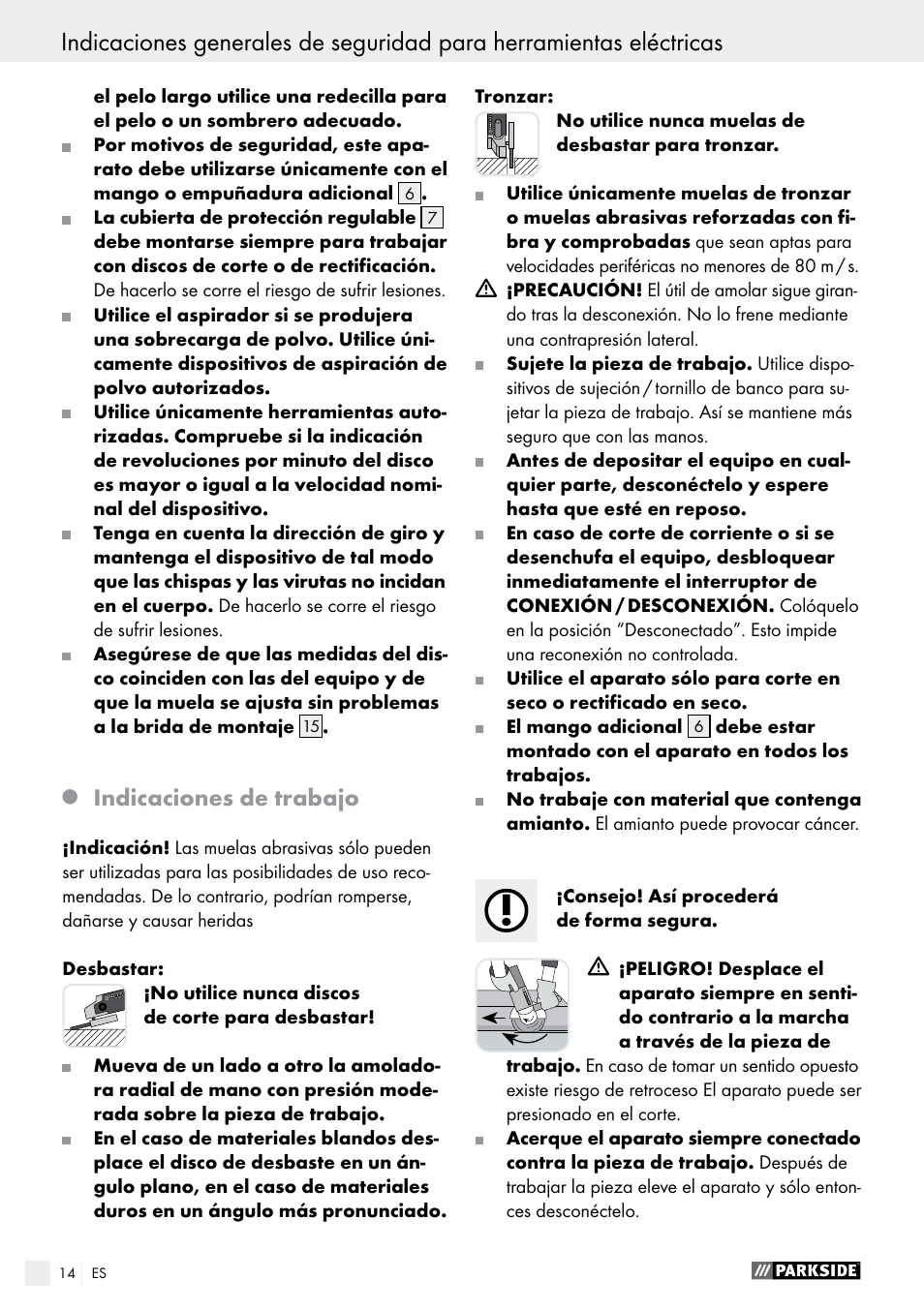 Indicaciones de trabajo | Parkside PWS 230 A1 User Manual | Page 14 / 63